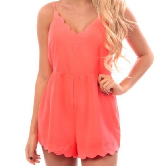Lush Pants - LUSH Bright Coral Scalloped Romper